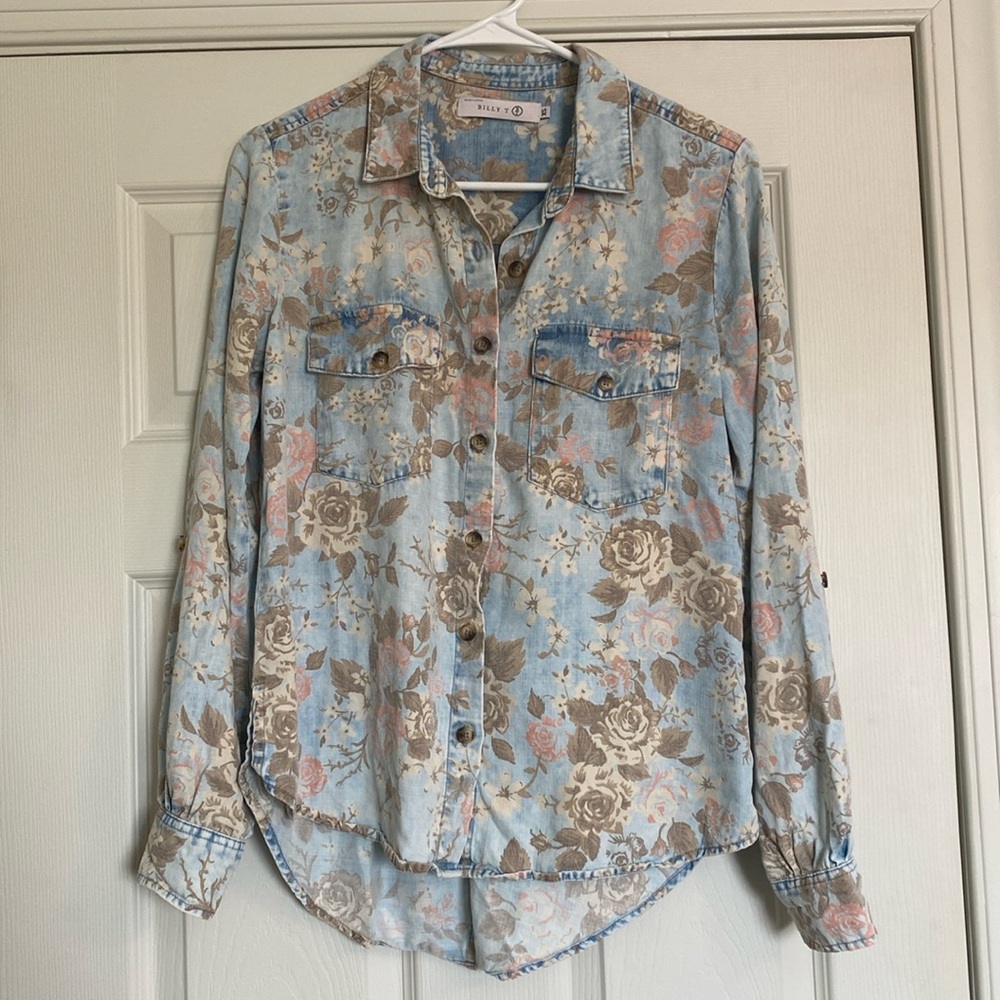 Billy T Hi-Lo Denim Floral Button Up